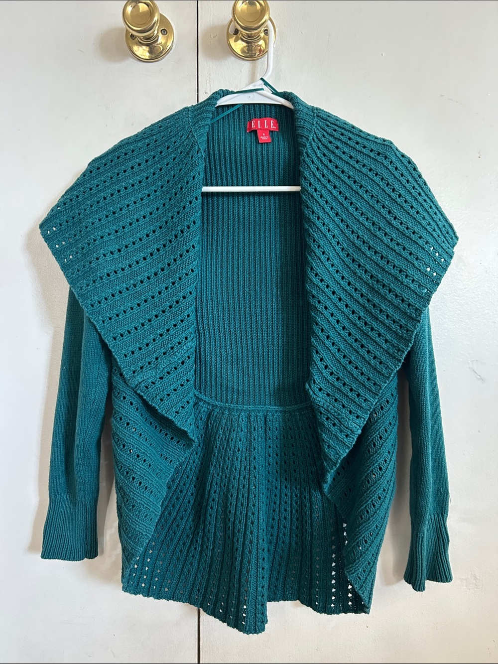 ELLE Teal Open-Front Textured Ribbed Knit Cardigan with Wide Shawl Collar